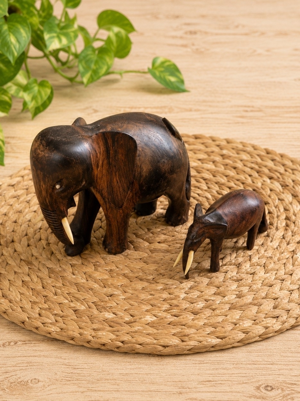 Vintage Hand Carved Wooden Boho Elephant Pair African Safari Decor Kenya